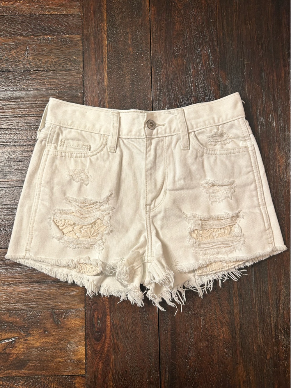 Hollister Short-Short High Rise White Distressed Denim Shorts with Lace Pockets